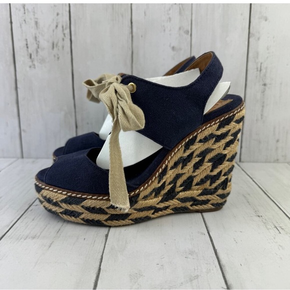 Tory Burch Navy Blue Linley High Open Toe Tie Front Espadrille Wedge Size 5 - Picture 2 of 12